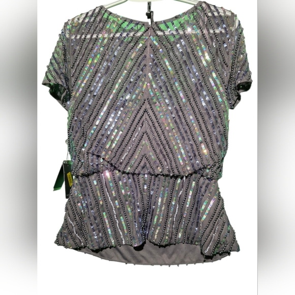 Adrianna Papell Black and Silver Sequin Blouse NWT Size 10 - 20 PTP - 24 Length - Picture 3 of 5